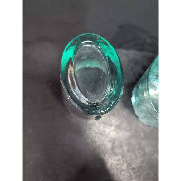Teal Green Blue Double Old Fashion Thick Etched Glasses, Set of 2,‎ Oval Base - Picture 7 of 9